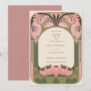 Art Nouveau Vintage Floral Pink Green Wedding Save The Date