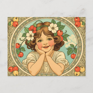 Art nouveau vintage girl with flowers ornament postcard
