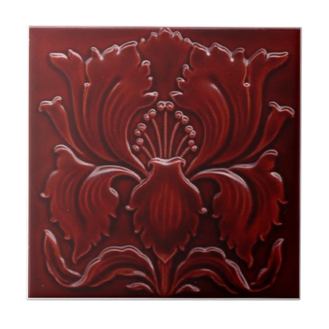 Art Nouveau Vintage Pretty Red Flower  Tile (Front)
