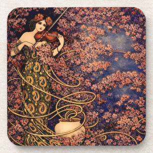 Art Nouveau Violinist in Blossoms – Vintage Floral Coaster