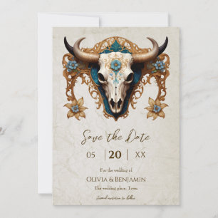Art Nouveau Watercolor Floral Cow Skull Wedding Save The Date