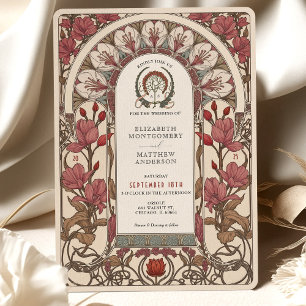 Art Nouveau Wedding Burgundy and Ivory Florals Invitation