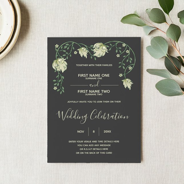 Art nouveau wedding invitation (Art nouveau wedding invitation with green script and vintage style floral top frame)