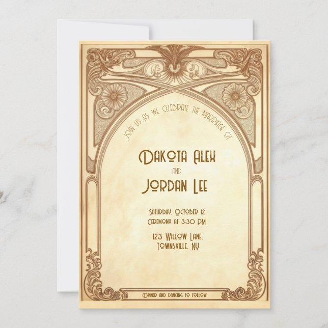 Art Nouveau Wedding Invitation in Warm Tones (Front)
