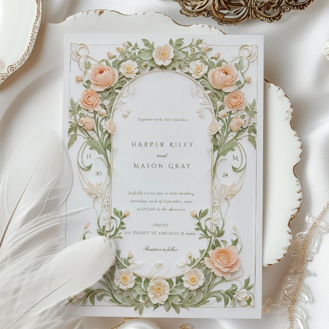 Art Nouveau Wedding with Peach Ranunculus Invitation (Creator Uploaded)