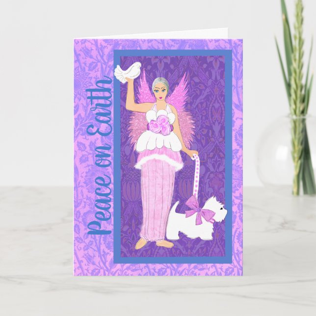 Art Nouveau Westie Dog Pink Purple Holiday Card (Front)