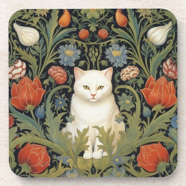 Art nouveau white cat in the garden coaster (Front)
