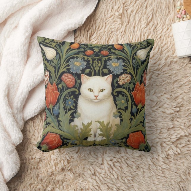 Art nouveau white cat in the garden cushion (Blanket)