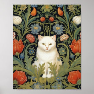 Art nouveau white cat in the garden poster