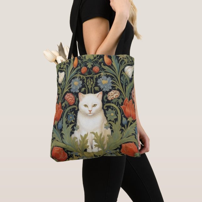 Art nouveau white cat in the garden tote bag (Close Up)
