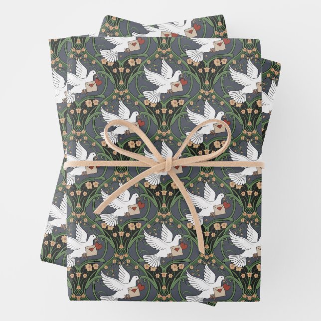 Art Nouveau White Dove Love Wrapping Paper Sheet (In situ)