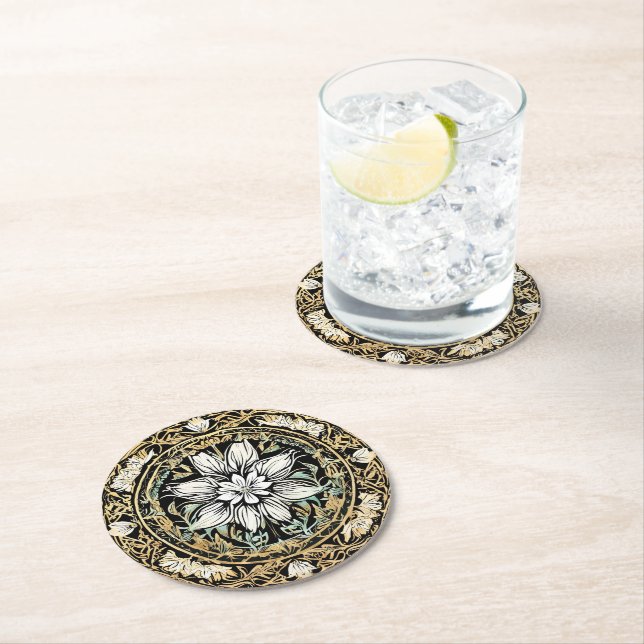 Art Nouveau White Floral Round Paper Coaster (Insitu)