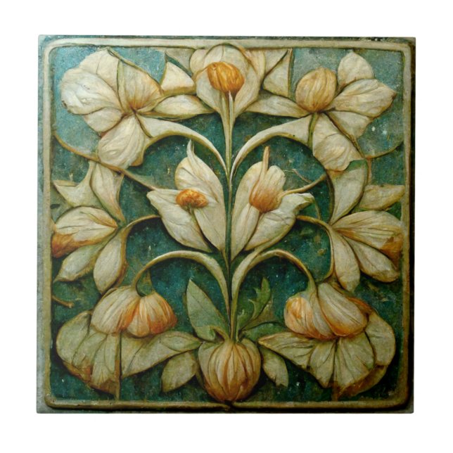 Art Nouveau White Flowers, Blue-Green Background Tile (Front)