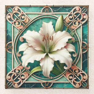 Art Nouveau White Lily Flower Motif Glass Coaster