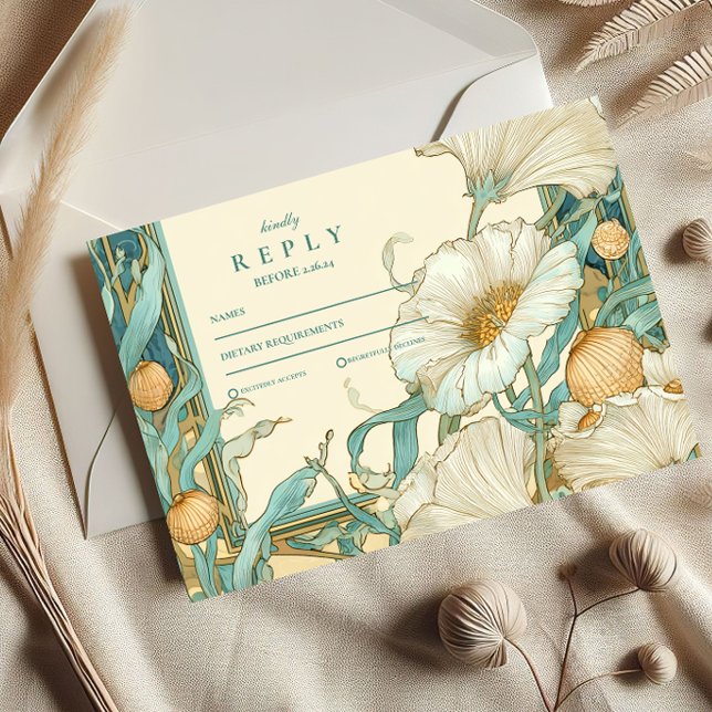 Art Nouveau White Poppy Wedding RSVP Card (Creator Uploaded)