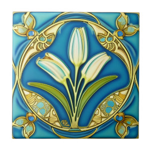Art Nouveau White Stylized Lily  Tile