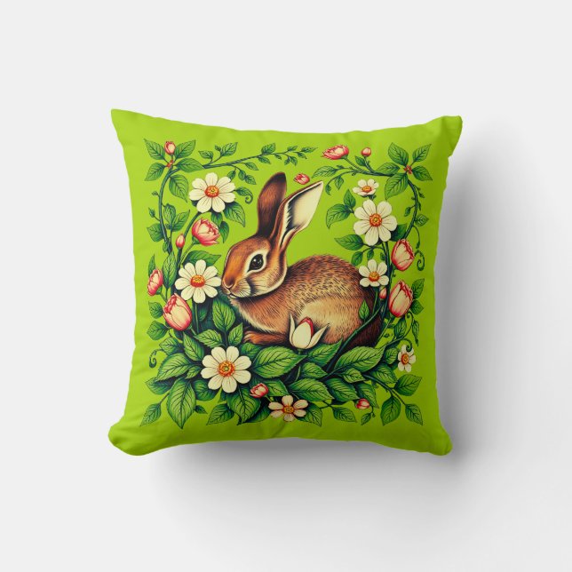 Art Nouveau Wild Rabbit and Flowers Cushion (Front)