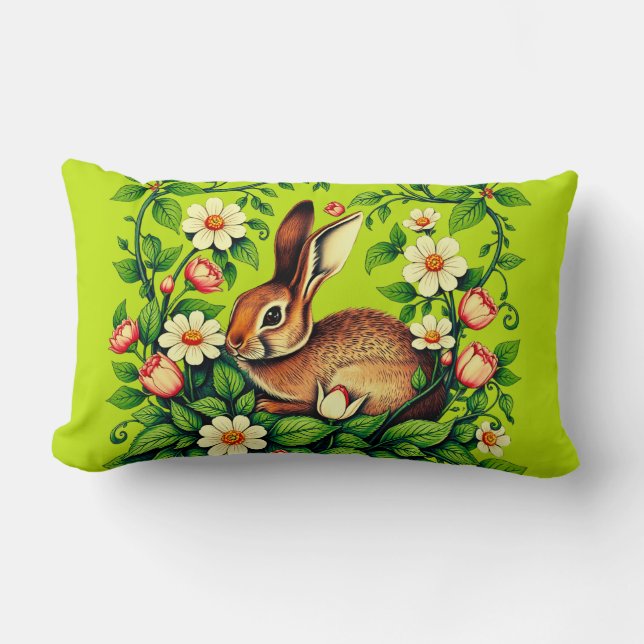 Art Nouveau Wild Rabbit and Flowers Lumbar Cushion (Front)