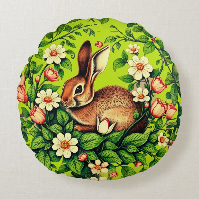 Art Nouveau Wild Rabbit and Flowers Round Cushion (Front)
