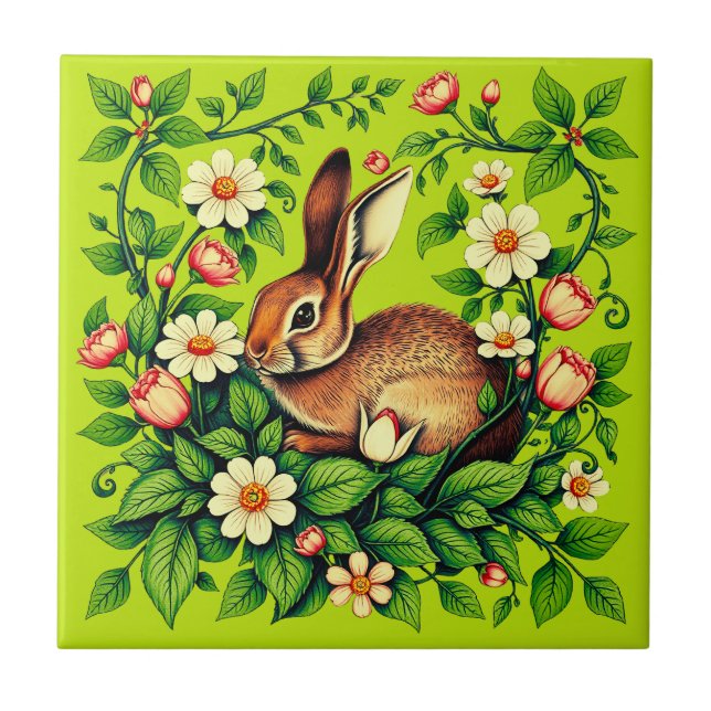 Art Nouveau Wild Rabbit and Flowers Tile (Front)