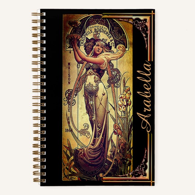Art nouveau woman advertisement hingre black gold  notebook (Front)