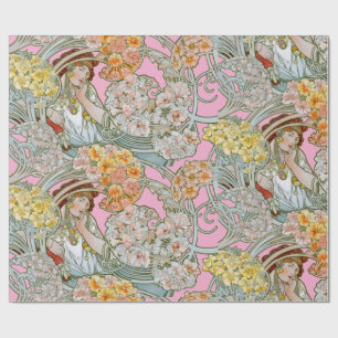 Art Nouveau Woman & Floral Pattern by Mucha Wrapping Paper