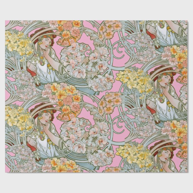 Art Nouveau Woman & Floral Pattern by Mucha Wrapping Paper (Flat)