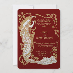 Art Nouveau Woman & Harp in Roses Wedding Invitation