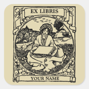 Art Nouveau Woman In Field Reading Book Ex Libris Square Sticker