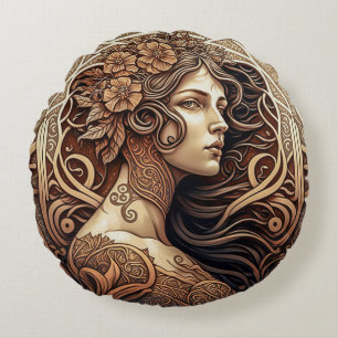 Art Nouveau Woman Round Throw Pillow (16") 