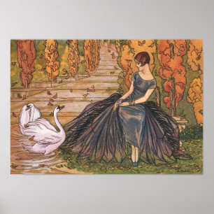 Art Nouveau Woman Swan vintage art illustration Poster