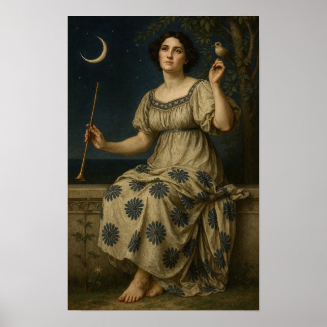 Art Nouveau Woman With Clarinet and Crescent Moon Poster (Front)