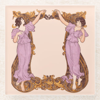 Art Nouveau Women Floral Frame Vintage Decorative Glass Coaster