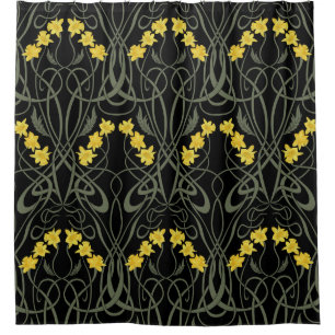 Art Nouveau Yellow Daffodils and Stems Black Shower Curtain