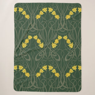 Art Nouveau Yellow Daffodils and Stems Green Sherpa Blanket