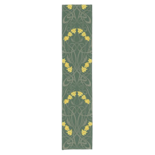 Art Nouveau Yellow Daffodils and Stems Green Short Table Runner