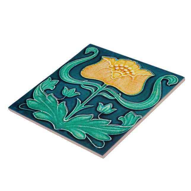 Art Nouveau Yellow Floral Design Ceramic Tile. Tile (Side)