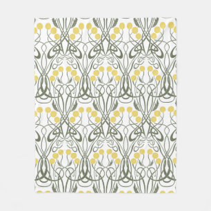 Art Nouveau Yellow Roses and Sinuous Stems Fleece Blanket