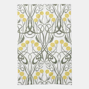 Art Nouveau Yellow Roses and Sinuous Stems Tea Towel