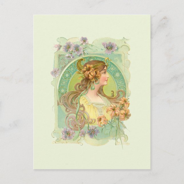 Art Nouveau Young Woman Girl with Stars Flowers Postcard (Front)