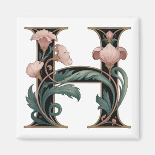 Art Nuevo Pink and Green Letter H Magnet