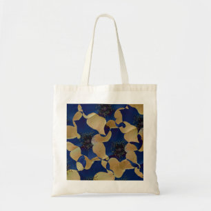 Art of beige and blue colour floral/flower pattern tote bag