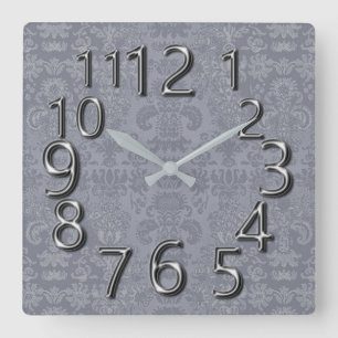 Art-Of-Time Grey Silver Damask Square Wall Clock
