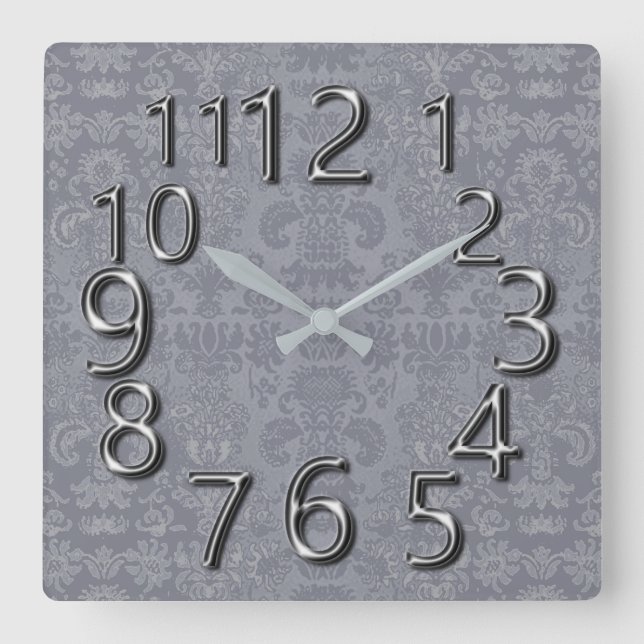 Art-Of-Time Grey Silver Damask Square Wall Clock (Front)
