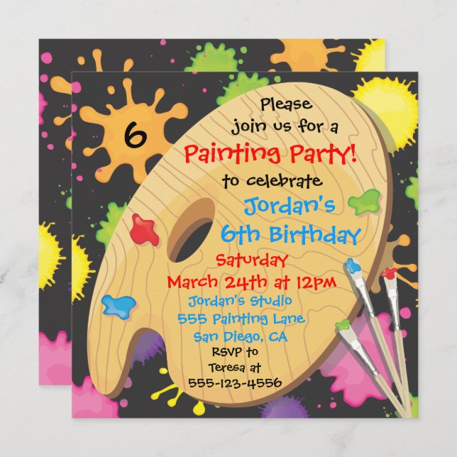 Art Painting Birthday Party Invitations on Black (Front/Back)