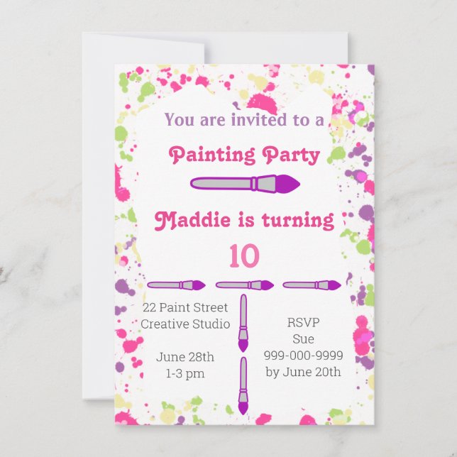 Art Painting Party Pink and Purple Invitation (Front)