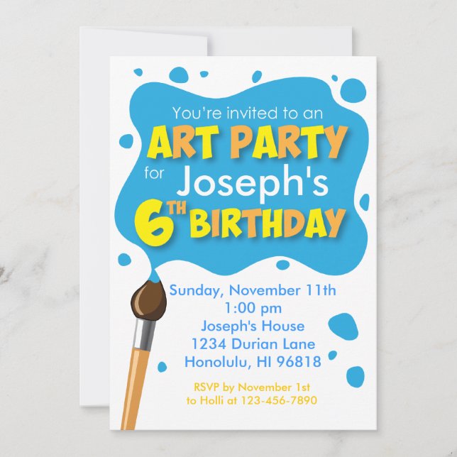 Art Party 6th Birthday Invitation Boy (Front)