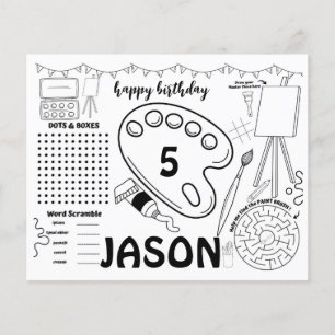 Art party placemats, art activity colouring page