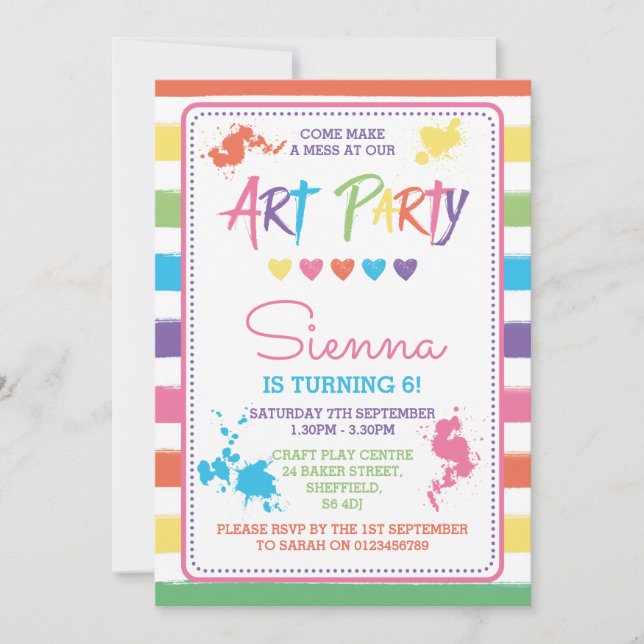 Art Party themed birthday party invitation (Front)