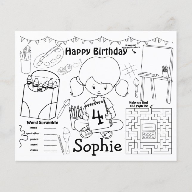 Art placemats, art birthday colouring & activity  (Front)